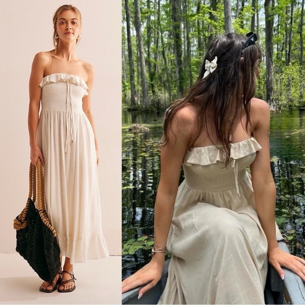 Nwt Free People Lush Life Linen Strapless Midi Dress Ivory Cream